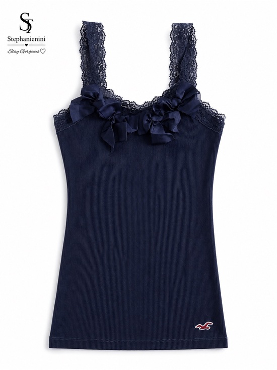 Hollister Tops - Hollister Navy Blue Lace Bow Ribbed Cami Tank Top